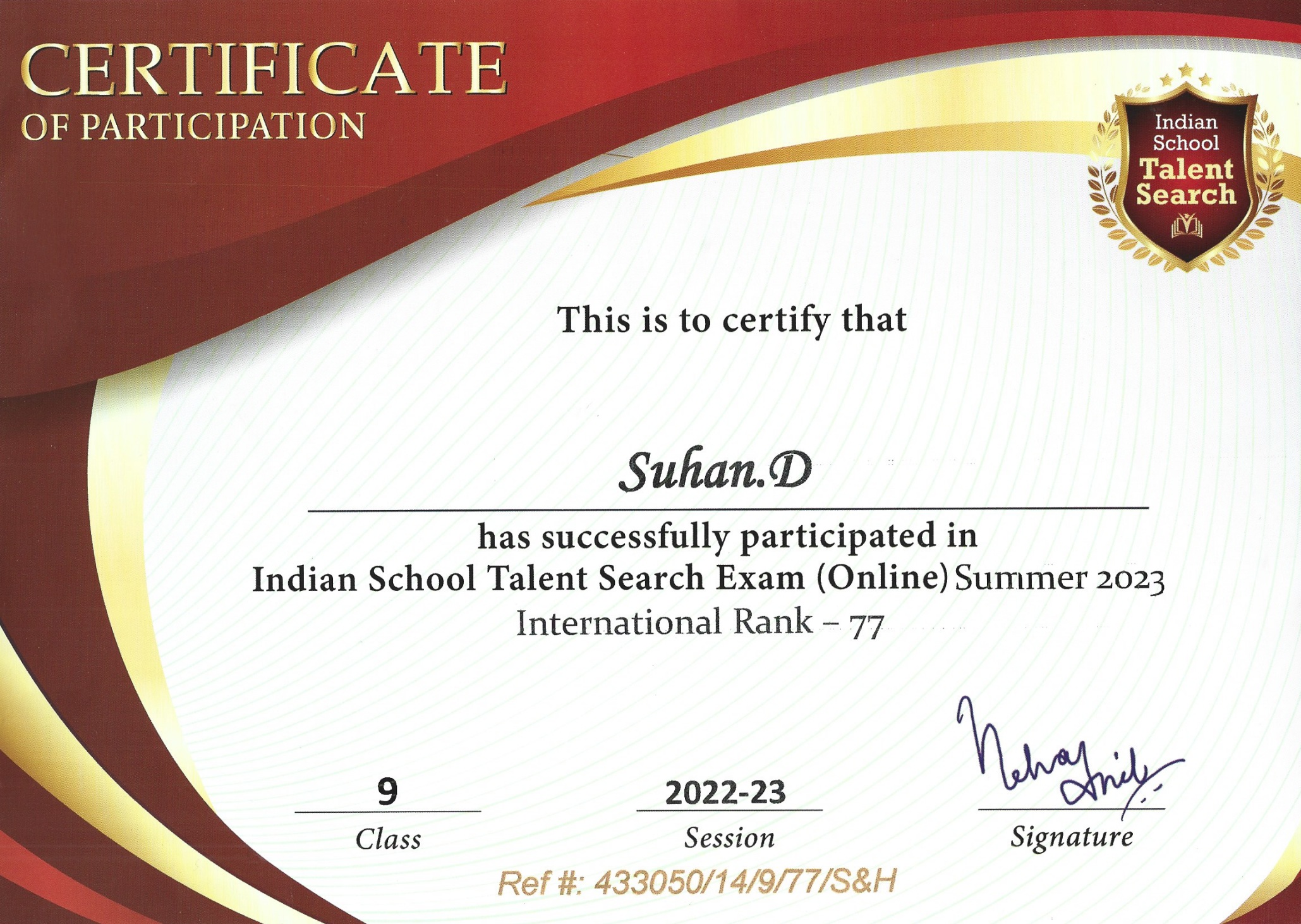 ISTSE Olympiad International Rank 77 Certificate