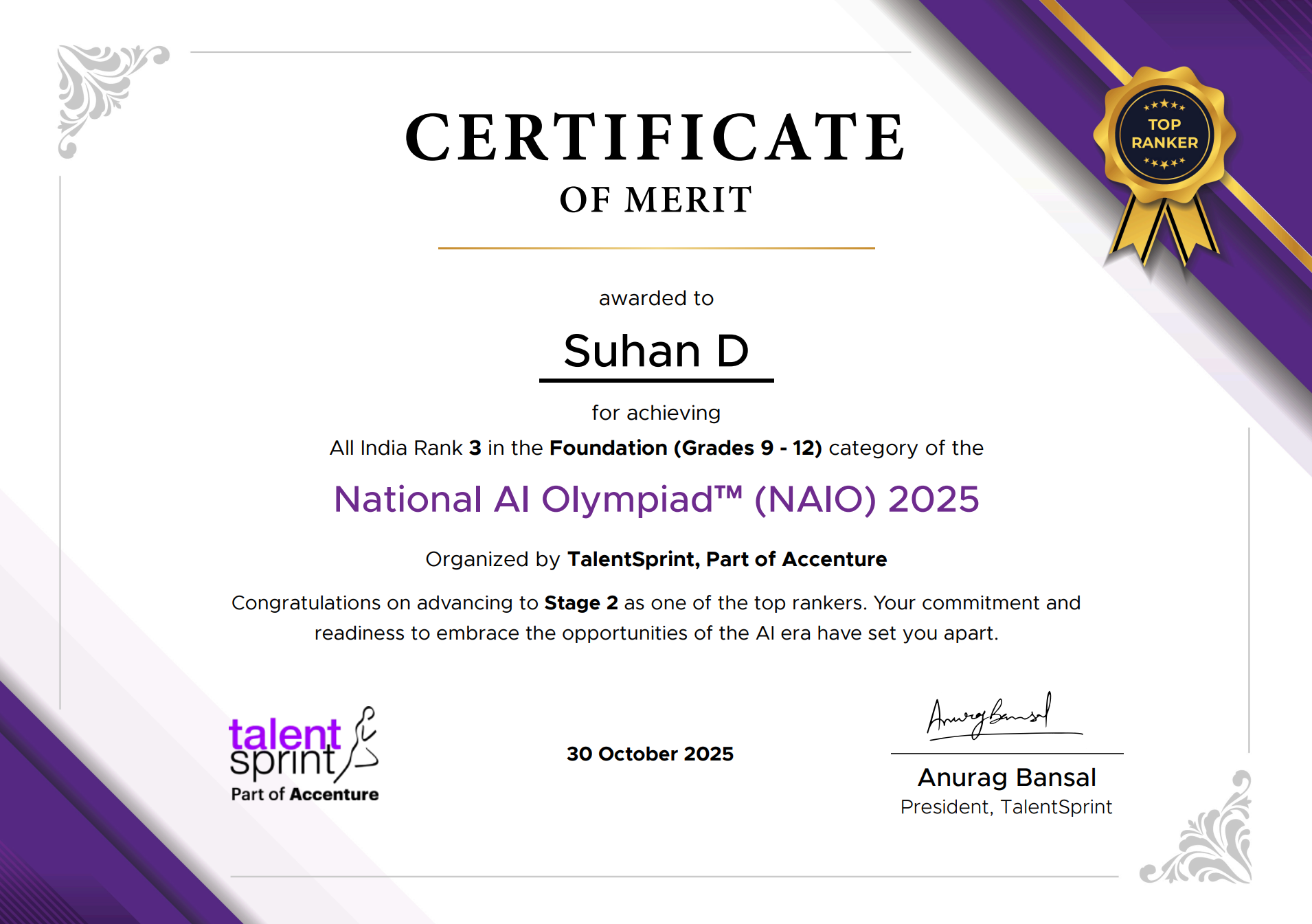 NAIO Certificate of Merit