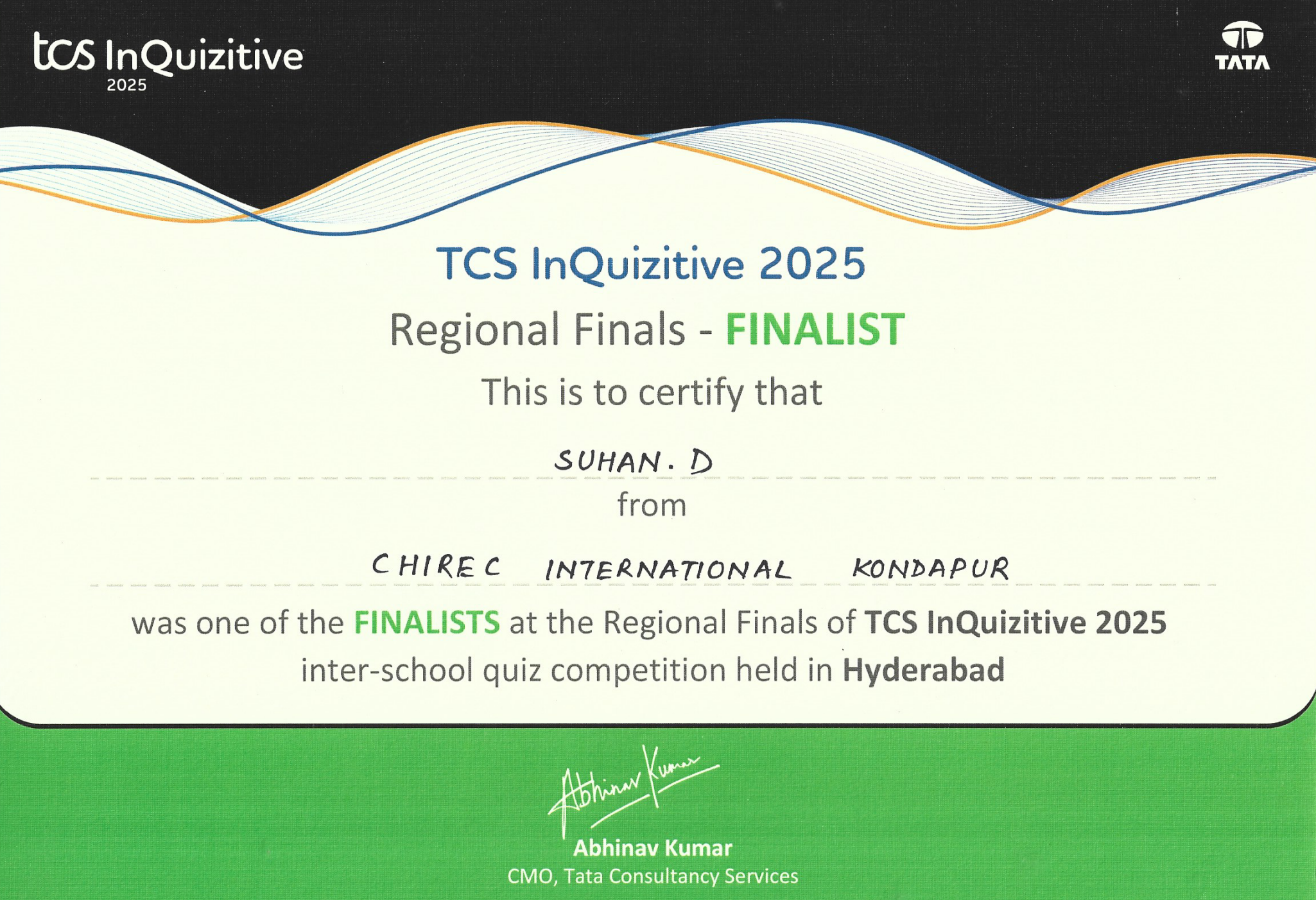 TCS InQuizitive Regional Finals Certificate